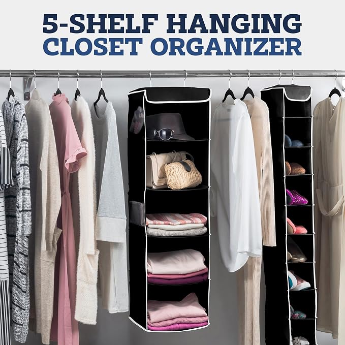 ZOBER Hanging Closet Organizer, 5-Shelf - Hanging Storage Organizer Shelves for Clothes, Towels, Toys - College Dorm Room, Nursery, & Home Closet
