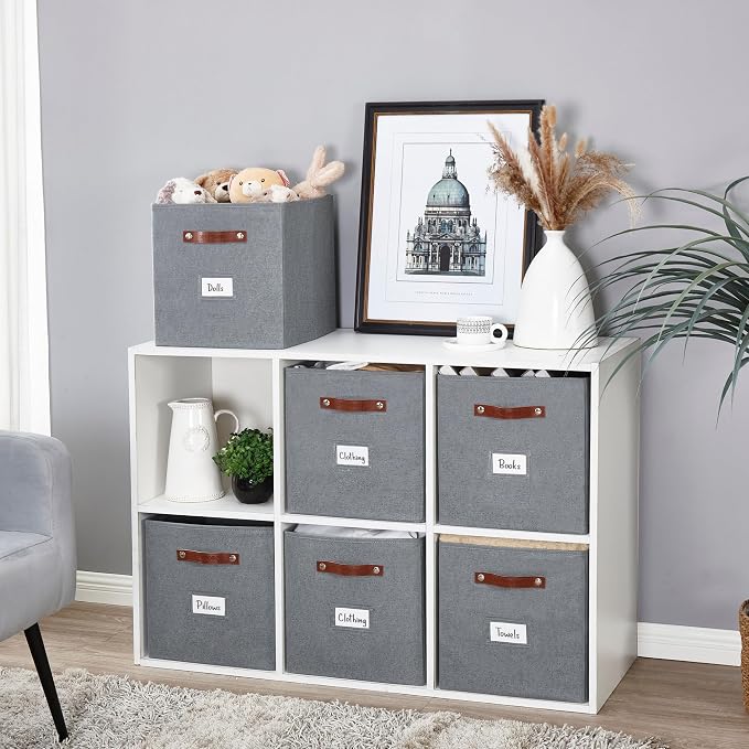 DECOMOMO Storage Bins, Storage Baskets for Shelves | 13" x 15" x 13" Storage Cube Bins with Labels for Organizing Shelves (Kallax, 4pcs, Texture Grey)