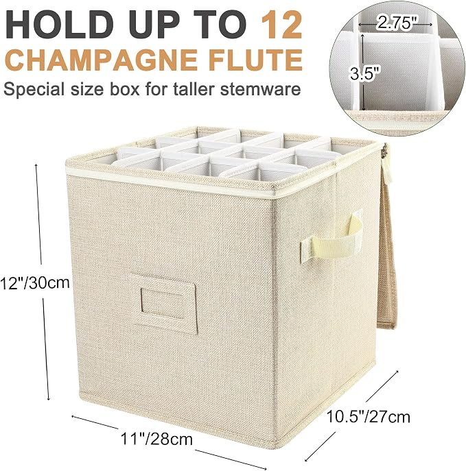 LotFancy Champagne Flute Storage Container for Moving, Hard Shell, Stackable 12" Tall Stemware Storage Box with Dividers & Handles, Wine Glass, Crystal Glassware, Drinkware Case, Beige
