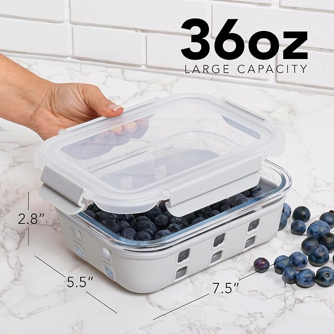 ECOBERI Glass Meal Prep Containers with Silicone Sleeves, 5 Piece 4.5 Cup Set, Borosilicate Glass Food Storage with Leak-Resistant Lids, Oven, Microwave, Freezer and Dishwasher Safe.