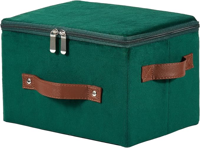 Storage Bins with Zipper Lid Velvet Fabric Storage Boxes Lidded Baskets Foldable Washable Decorative Closet Shelf Clothes Organizer Container with PU Leather Handles (Deep Green, Small)