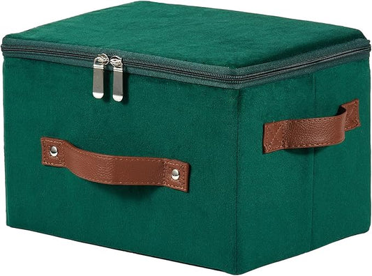Storage Bins with Zipper Lid Velvet Fabric Storage Boxes Lidded Baskets Foldable Washable Decorative Closet Shelf Clothes Organizer Container with PU Leather Handles (Deep Green, Small)