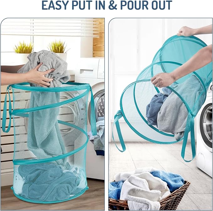 Seiritex Mesh Popup Laundry Hamper 115L Collapsible Laundry Basket No Lid Extra Large Capacity Foldable Clothing Storage Basket with Handles 26 H x 18 W x 18 L (Turquoise Blue)