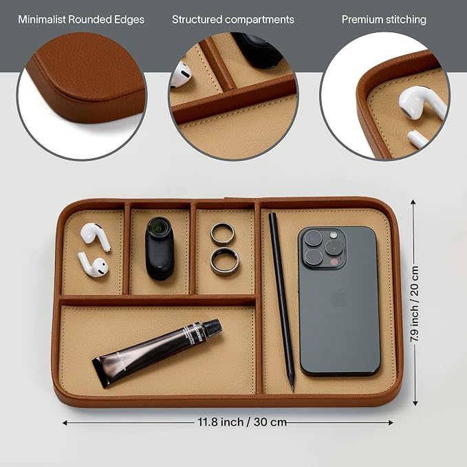 Nordik Leather Valet Tray - Sand Brown - 11.8x7.9 Inch Large Vegan Leather Tray - Stylish Nightstand Organizer for Men - Modern Bedside Caddy - EDC Catchall for Key Watch Wallet Jewellery