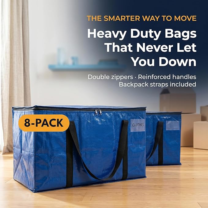 ClearSpace Heavy Duty Moving Bags or Storage Bag – Large Moving Boxes with Backpack Straps, Zippers & Handles – Perfect for Moving, College Dorm, Traveling, Camping, Christmas Decorations, 8 Pack