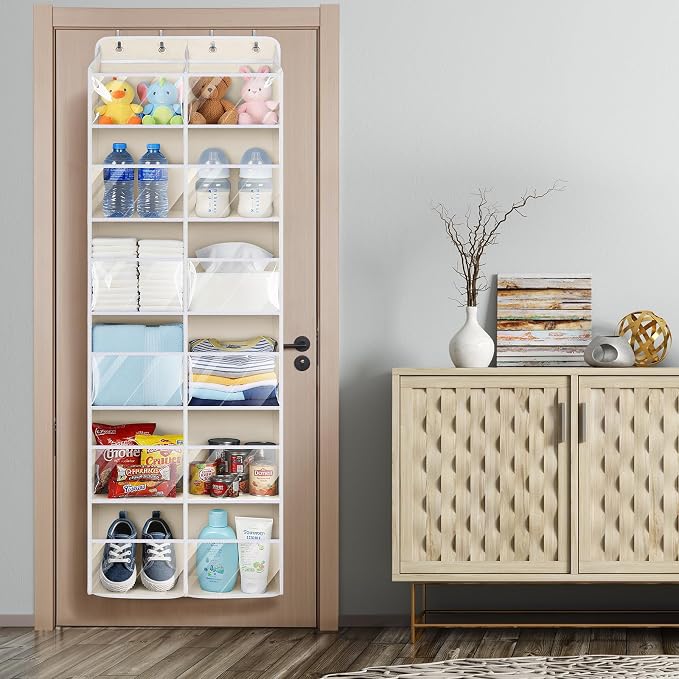 Univivi Over the Door Organizer, 6 Tiers Behind Door Storage with Clear Deep Pockets Hanging Organizer for Closet, Bedroom, Nursery, Bathroom and Sundries (Beige)