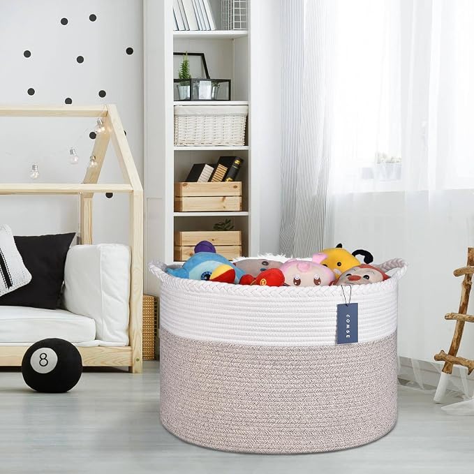COMSE Extra Large Blanket Basket, Woven Laundry Basket, 21.7”x 13.8”, Nursery Hamper, Cotton Rope Laundry Hamper Living Room for Storage Toys Clothes Towels (White & Light Brown)