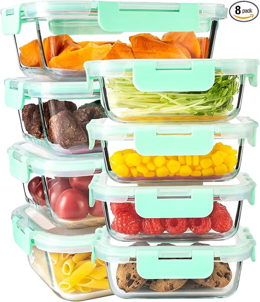 16Pack Glass Meal Prep Containers 8 Bowls with 8 Airtight Mint Lids 2 Sizes | Borosilicate glass food storage set for lunch, leftovers & portion control — microwave/freezer/dishwasher safe, leak-proof