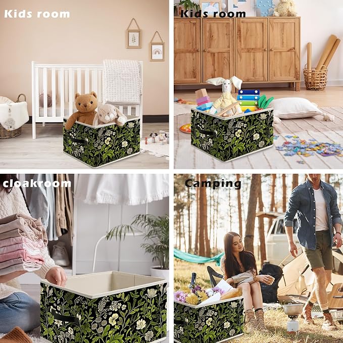 Vintage Dark Green Floral Plant Storage Bin Box with Handles, Cottagecore Flower Botanical Foldable Organizer Basket Toybox for Girls Room Bedroom Bathroom Clothes Toys Books
