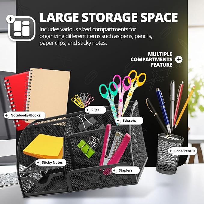 Flexzion Desk Caddy Organizer Set (Black) - Metal Mesh Desktop Caddy with Drawers, 6 Compartments, and Pencil Holder for Women & Men - Desktop Organizer and Storage for Work or Office Supplies | Compact desktop caddy with separate pen holder; 8.7 x 5.5...