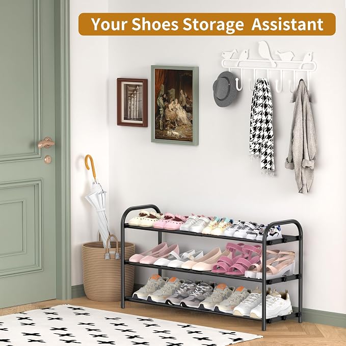 Hleelomi 3-Tier Expandable Shoe Rack for Entryway，Adjustable Metal Shoe Organizer for Closet,Living Room,Dorm,Black