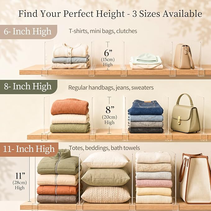 SortNStore Shelf Dividers Purse Organizer for Closet: 6-inch Tall(Shorter Version) Acrylic Handbag Organizer - Small Space Separator for Clutches Evening Bags Pouches Mini-Bags on Wood Shelves 6-Pack