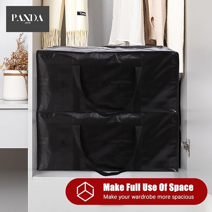 PANDA JOYS Extra Large Moving Bags with Zippers & Carrying Handles, Heavy-Duty Storage Tote for Space Saving Moving Storage, Fold Flat, Alternative to Box and Bin - 12 Pack, Black
