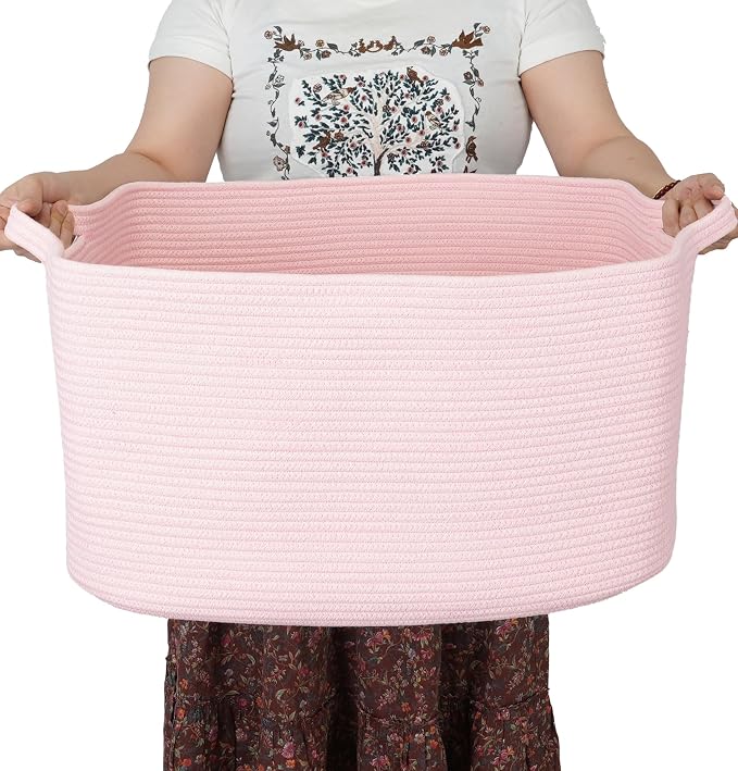 XUANGUO Large Rectangle Blankets Baskets 22"x17"x12" Toy Basket for Kids Woven Cotton Rope Storage Basket for Nursery - Laundry Baskets for Clothes Towels - Ideal for Living Room Storage pink