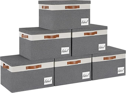 GhvyenntteS 6 Pack Fabric Storage Bins with Lid, Large Closet Storage Bins with Lid and 3 PU Handles, Foldable Fabric Storage Boxes with Label Window for Home Bedroom Office (Grey, Large)