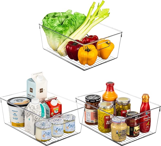 Sorbus Clear Square Fridge Bins- Thick Sturdy Plastic Refrigerator Pantry Organizer- Versatile Non-Slip Stackable Cabinet Organization- Bath, Makeup, Food Snack Packet Organizer - 3 Pack