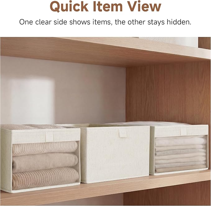 StorageWorks Closet Storage Bins with Clear Window, Linen Closet Organizers and Storage Bins, Collapsible Storage Baskets with PU Handles, Large Fabric Bins, Beige, Cotton-Linen, 3-Pack