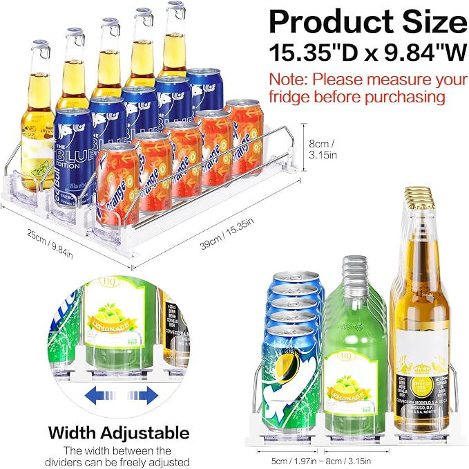 Drink Organizer for Fridge, Automatic Pusher Drink Dispenser for Refrigerator, Adjustable Width Soda Can Organizer for Beer Beverage Bottle Holds up to 15 Cans 3Row (Depth15.3 x Wide9.9)