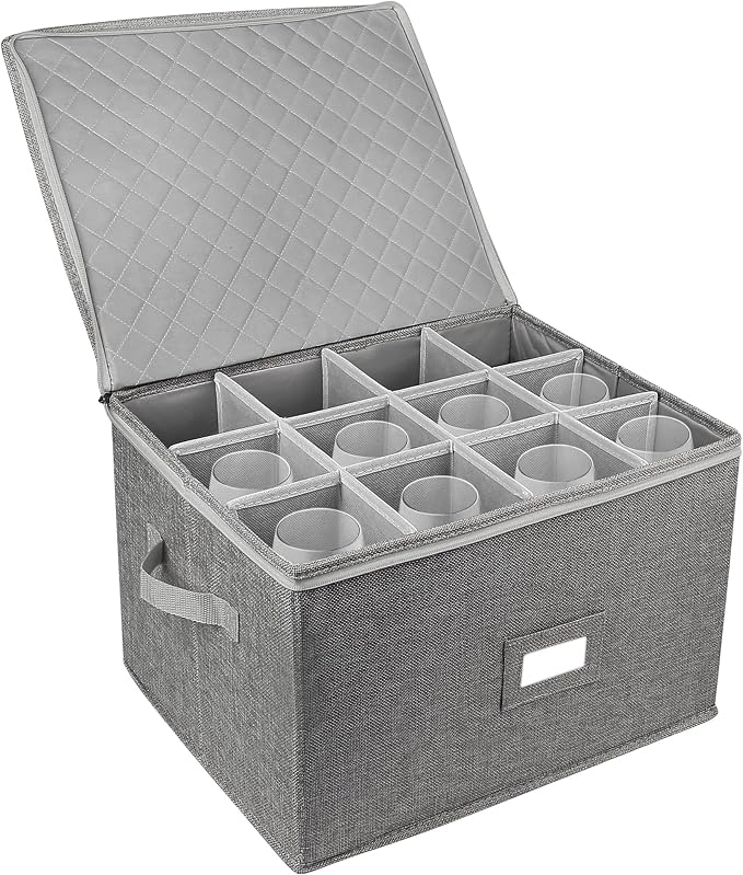 LotFancy Stemware Storage Container, Hard Shell, Stackable Wine Glass Storage Box with Dividers & Handles, Crystal Glassware, Champagne Flute, Drinkware Case for Moving, Grey