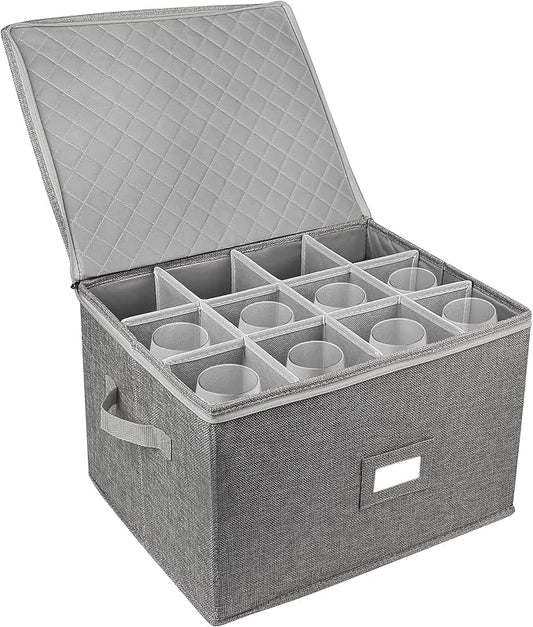 LotFancy Stemware Storage Container, Hard Shell, Stackable Wine Glass Storage Box with Dividers & Handles, Crystal Glassware, Champagne Flute, Drinkware Case for Moving, Grey
