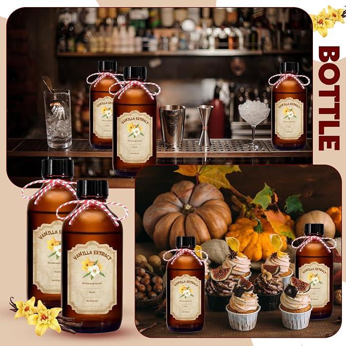 8 Pack 8 Ounce Amber Glass Bottle with Lids Vanilla Extract Homemade Brown Bottle 8 oz and 8 Pcs Vanilla Extract Stickers for Syrup Gift Glass Food Storage Canister Set Sauce Beans