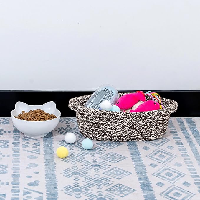 CubesLand Small Storage Basket Cotton Rope Organizer Baskets for Shelves | Set of 5 Decorative Closet Storage Bins with Handle for Countertop, Toilet Paper Basket for Toilet Tank Top, Mixed Brown