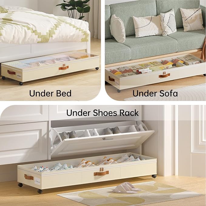 Yecaye 85 L Under Bed Storage with Wheels, 2 Pack Under Bed Storage Containers with Adjustable Dividers & Lids, Large Rolling Underbed Organizer Bins Drawers for Clothes, Shoes, Blankets Toys, Beige