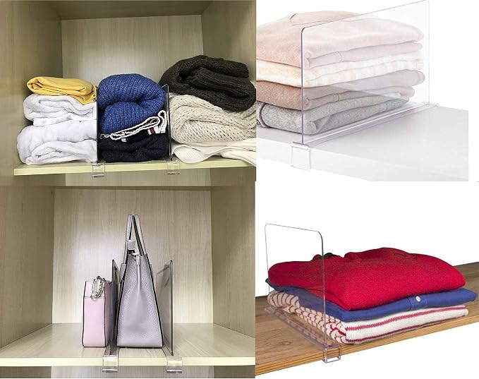 Clear Acrylic Shelf Dividers for Closet Organization - 4 Pack Closet Shelf Divider for Sweatshirt,Towel,Bag,Purse,Clothing,Sweater Organizer,Plastic Dividers and Separators for Shelves and Bedroom