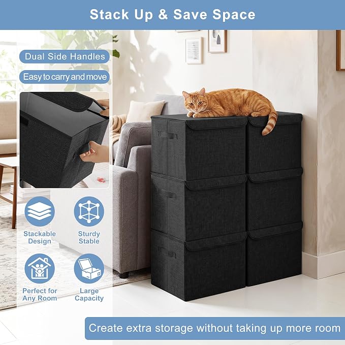 Bagnizer Large 17" 42 Quarts Collapsible Stackable Storage Bins with Lids [3-Pack] Foldable Fabric Linen Storage Boxes Cube, Closet Organizer Baskets with Label (16.7 x 12 x 12, Black)