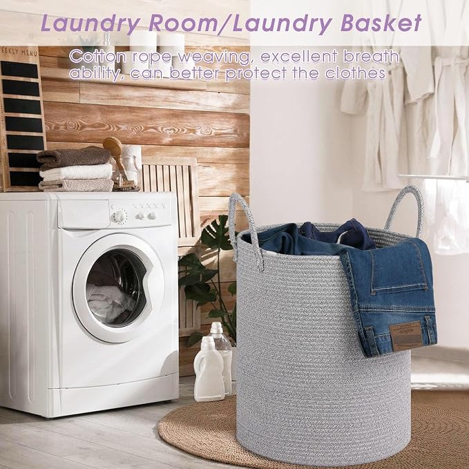 Large Laundry Basket,Laundry Hamper,15''x18'' Cotton Rope Storage Basket with Handles,Baby Hamper,Nursery Blanket Storage Living Room,Toy Basket,Kids Laundry Basket(Light Gray)