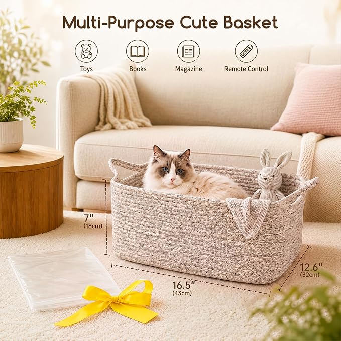 OIASKET Large Empty Cotton Rope Gift Basket with Handles, 16.5"x12.6"x7" Decorative Woven Storage Basket with Gift Bag and Ribbon Set for Baby Shower, Toy Organizer for Kids, Dogs & Cats - Brown