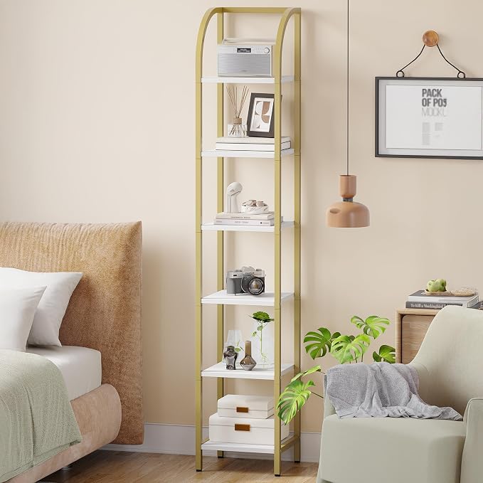 Hzuaneri Bookshelf Bookcase Narrow Bookcase Shelf Organizer with Steel Frame for Study Living Room Bedroom Kitchen Home Office Industrial Bookshelf 6-Tier White Gold BC56013A