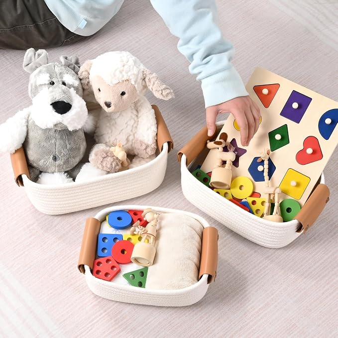 Storage Baskets for Organizing, Small Woven Basket Set of 6-4 Shelf Basket with Leather Handle and 2 Small Gift Baskets, Cotton Rope Basket for Shelves, Nursery, Dog Toy, Bathroom