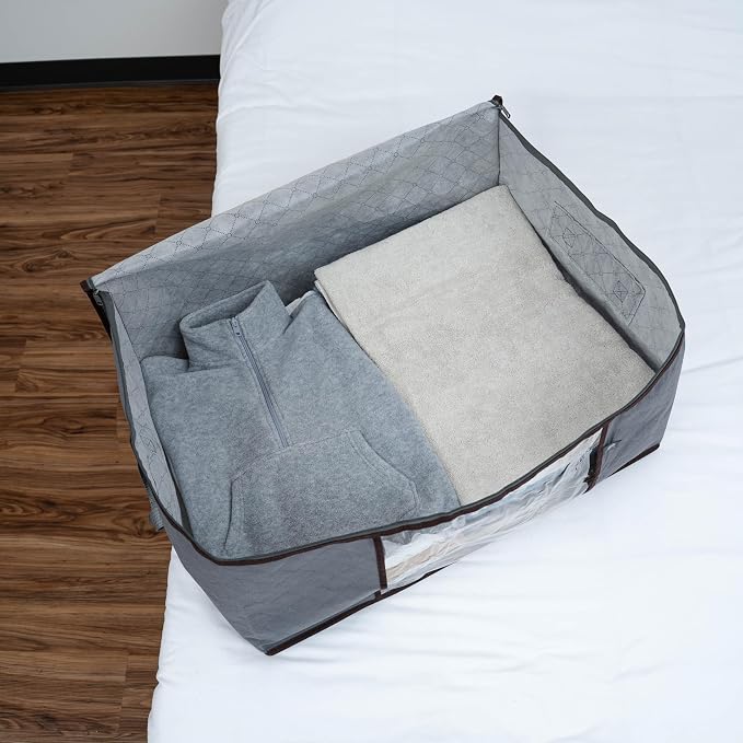 VENO 3 Pack Medium Clothes Storage Bag Organizer with Reinforced Handle, Thick Container Bins for Blankets, Comforters, Bedding, Foldable with Sturdy Zipper, Clear Window, Grey, Reusable (9.5 Gallon)