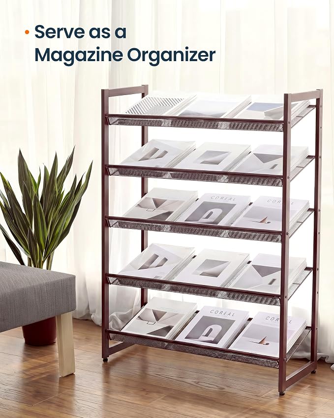 SONGMICS HOME 5-Tier Stackable Shoe Rack, Metal Shoe Organizer for Closet, Entryway, Garage, Flat or Slanted Mesh Shelves, Brown