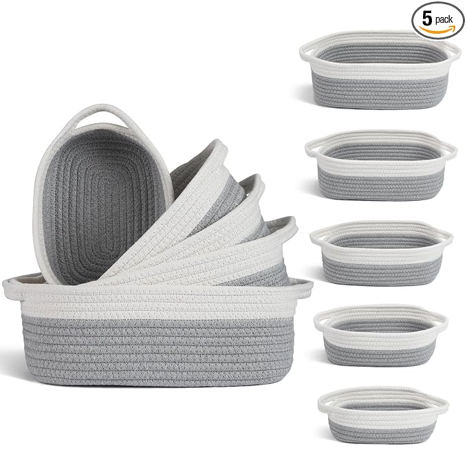 VOOWO Set of 5 Woven Baskets - Rope Storage Solutions, Nursery & Organizing, Off White & Gray