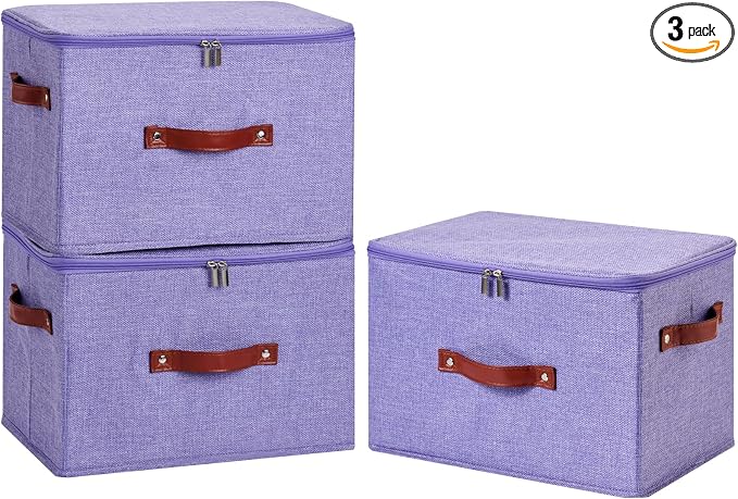 3PCS Storage Bins Boxes with Zippered Lids Cotton Linen Fabric Decorative Basket PU Leather Handles PP Plastic Board Foldable Lidded Clothing Shelf Closet Organizer Container (Purple, Large)