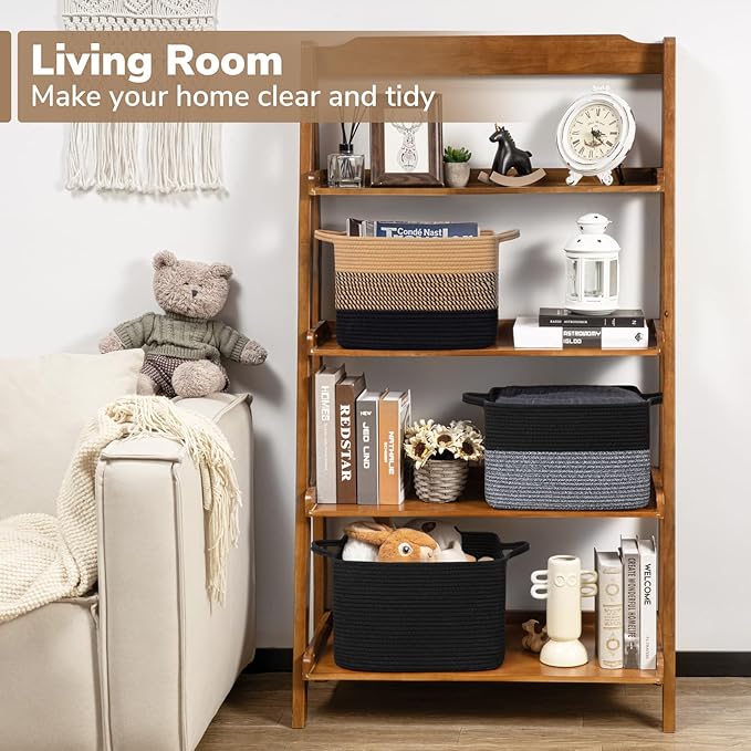 Goodpick Woven Storage Baskets for Organizing, Cotton Rope Organizer for Living Room Bedroom, 13"x10"x9" Rectangle Dog Toy Basket with Handles, Stylish Gift Baskets Empty, Black & Jute