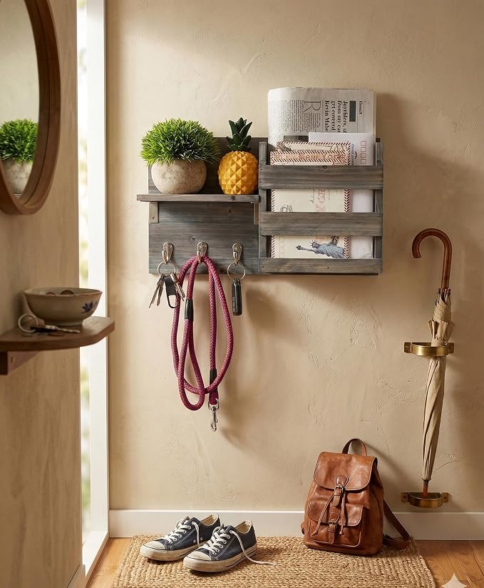 Wall-Mounted Key Holder Hooks - Rustic Wood Weathered Grey & Black - Entryway Organizer for Mail, Leashes, and Purses - Floating Shelf, 16.5” W x 9.75" H x 4.5” D