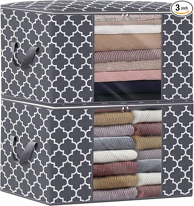 WISELIFE Storage Bags, Large Blanket Clothes Organization and Storage Containers for Bedding, Comforters, Foldable Organizer with Reinforced Handle, Clear Window,Sturdy Zippers,(Grey, 2 x 100L)