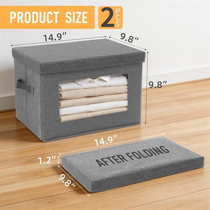 3-Pack Storage Bins with Lids & Clear Window, Foldable Fabric Closet Organizer Boxes, Stackable Cube Baskets with Soft Handles for Clothes & Blankets, 15", Grey