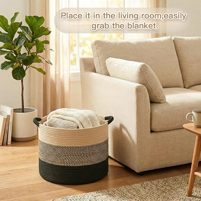 Artfeel 40L Large Cotton Rope Basket, Decorative Woven Blanket Storage for Living Room, Boho Toy Storage & Toy Box for Kids, Versatile Laundry Basket & Nursery Hamper for Blankets(BlackBrown)
