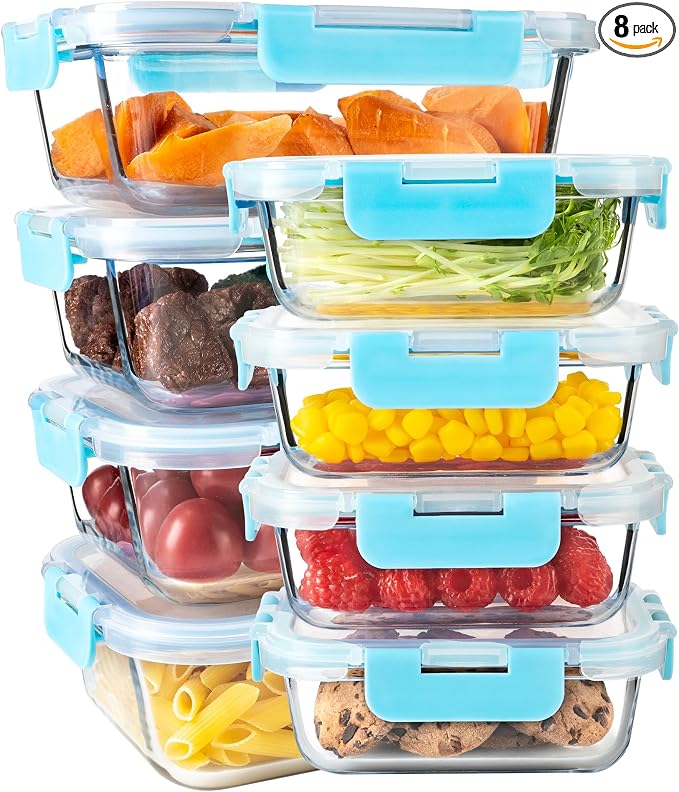 16Pack Glass Meal Prep Containers 8 Bowls with 8 Airtight Blue Lids 2 Sizes | Borosilicate glass food storage set for lunch, leftovers & portion control — microwave/freezer/dishwasher safe, leak-proof