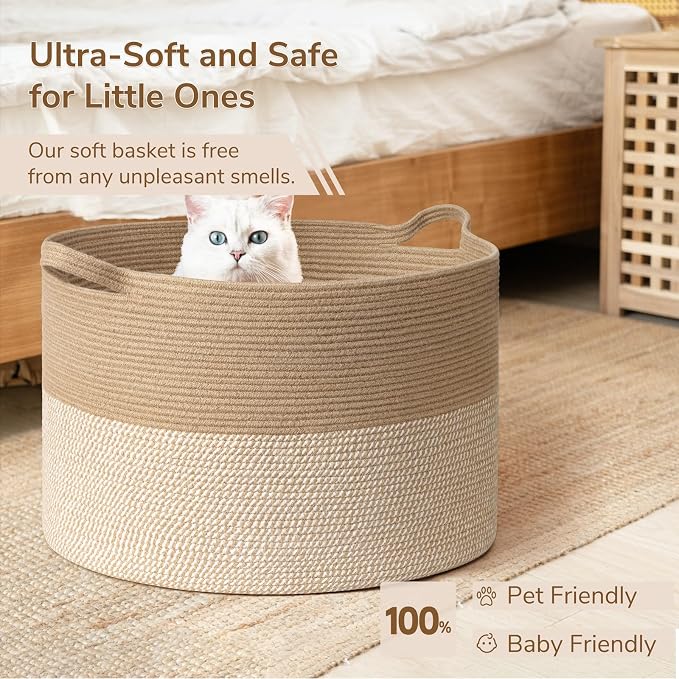 INDRESSME 115L Extra Large Woven Baskets for Storage, Wicker Basket for Living Room Decor Laundry Baskets for Blankets Clothes Pillows Towel Shoe Basket for Entryway, White & Jute