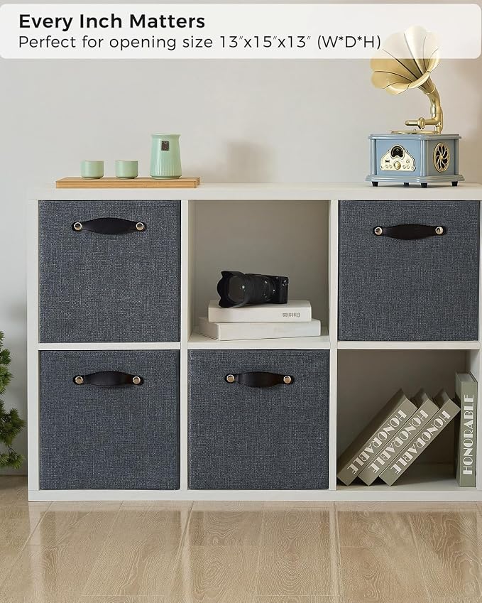 Cube Storage Bins | 13"x15"x13", Graphite Gray, 4 Pack | Multi-Size | 2X Thick Support Board | Vegan Leather Handles | 7.7 oz/yd² Fabric | Drawer Insert Basket Fits KALLAX