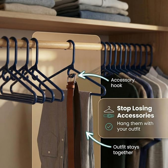 DEILSY™ Heavy Duty Plastic Hangers 50 Pack - Extra Heavy Duty Hangers for Clothes, Thick Navy Plastic Hangers, Strong Clothes Hangers with Hook for Scarves & Belts