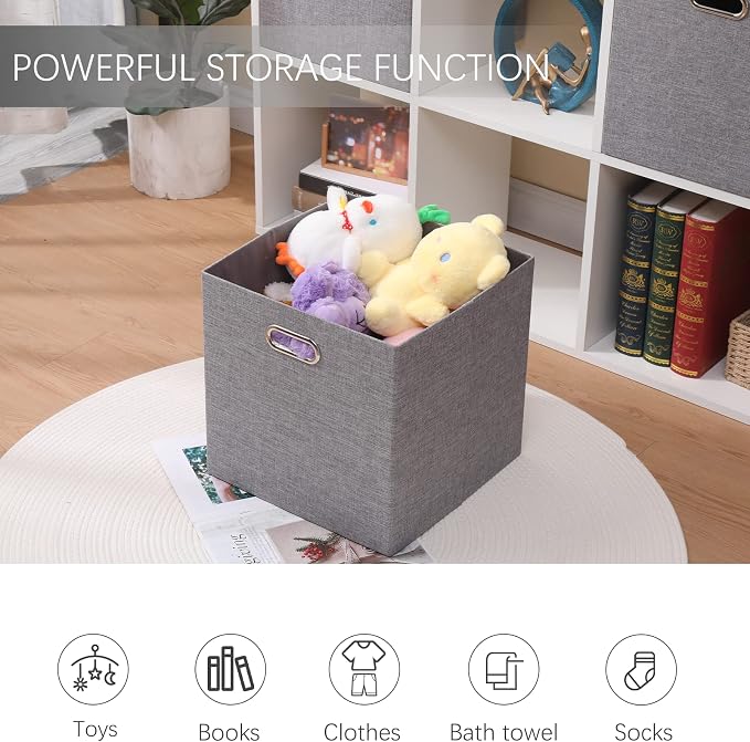 Collapsible Organization Basket Fabric Foldable Box with Handles, 13x13 Cube Storage Bins Set of 4, Thick and Heavy Duty Storage Baskets for Shelves Bedroom Livingroom,Gray