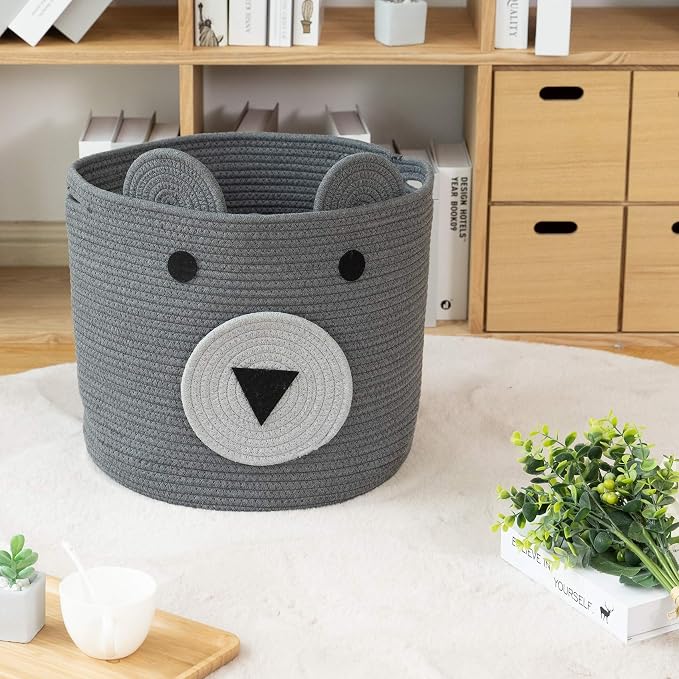 VK VK·LIVING Cotton Rope Bear Animal Basket Foldable Large Woven Storage Basket Baby Nursery Cute Laundry Hamper for Toys, Blanket, Clothes in Bedroom Living Room Toy Box for Baby 14x14 Grey