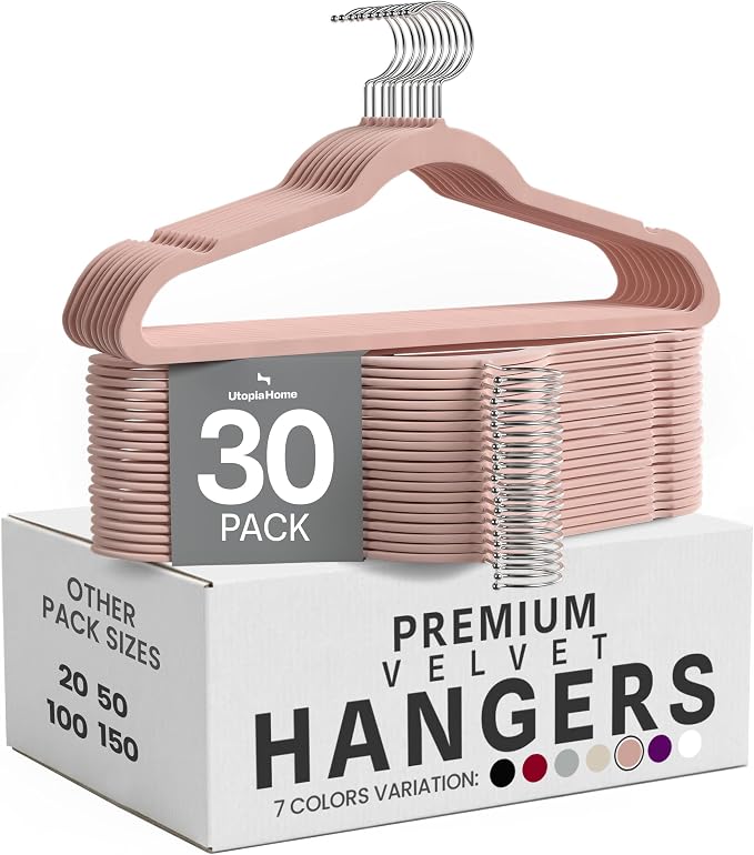 Utopia Home Velvet Hangers, Pink, 30 Pack | Luxury Non-Slip Slim Pant & Coat Hangers, Strong Space-Saving Clothes Hangers with Pants Bar and 360° Swivel Hook