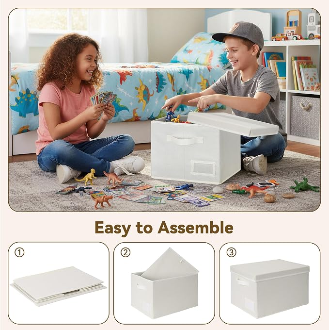 GRANNY SAYS Storage Baskets for Organizing, Linen Closet Shelf Organizers and Storage Containers with Label Holder, Large Storage Bins with Lids for Bedroom, Ivory, 3-Pack